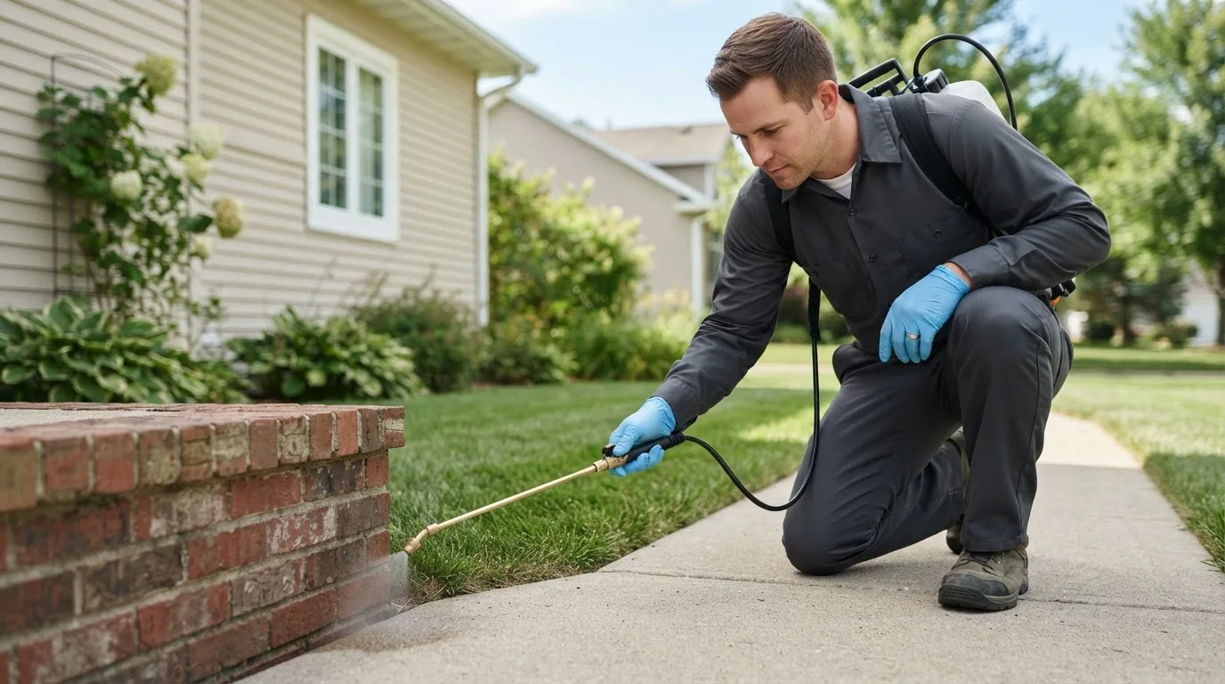 Pest control technician treating a home near Kesley, IA
