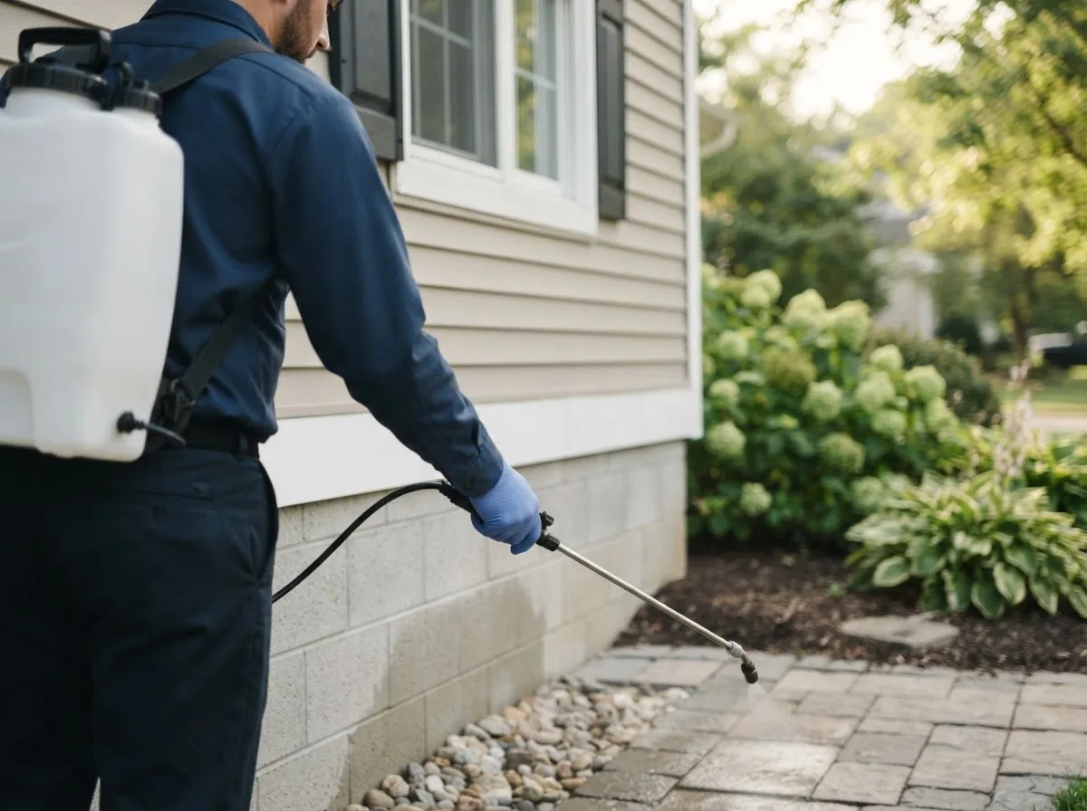 Pest control technician inspecting a home in Kesley, IA